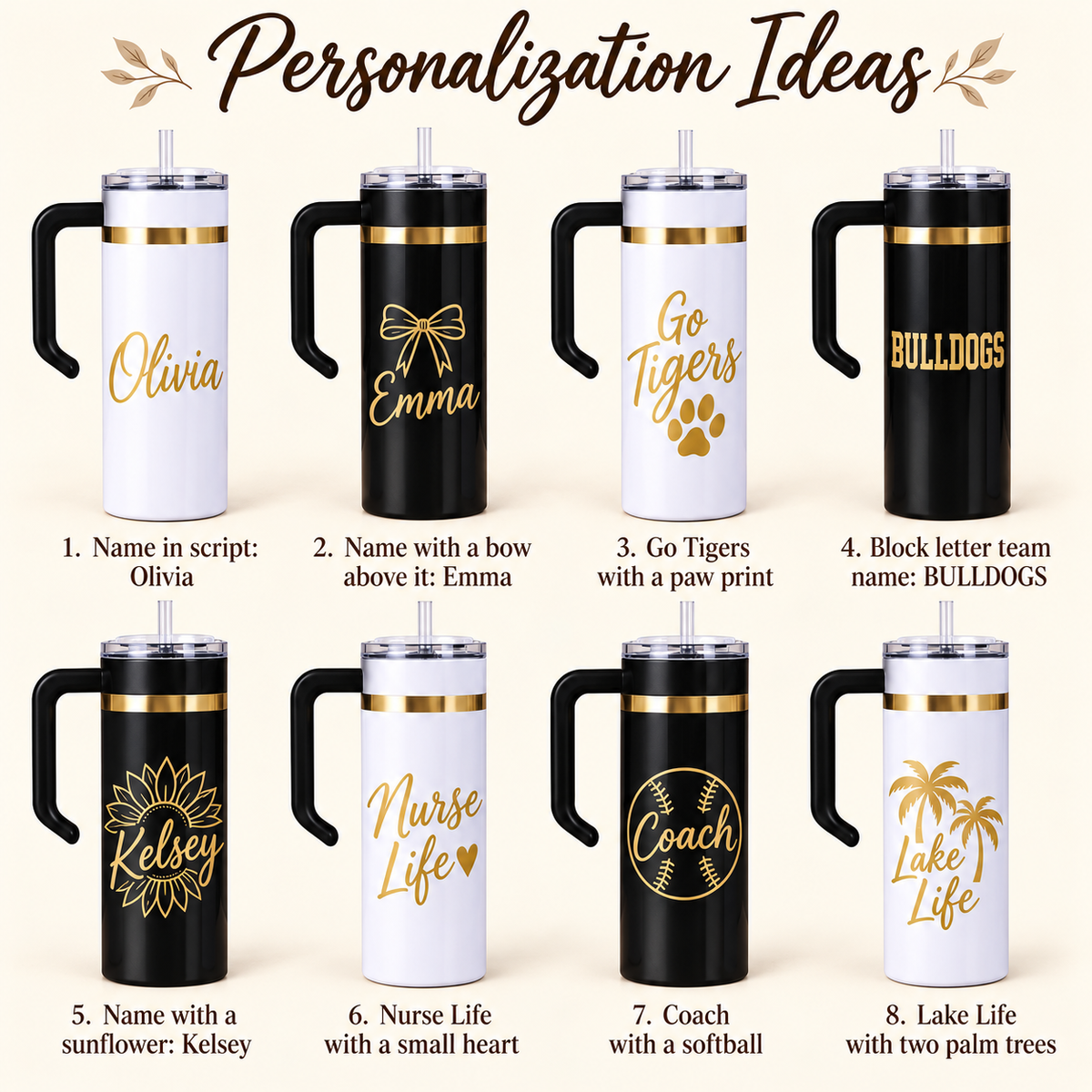 Personalized 20oz Skinny Tumbler with Handle — Gold Engraved