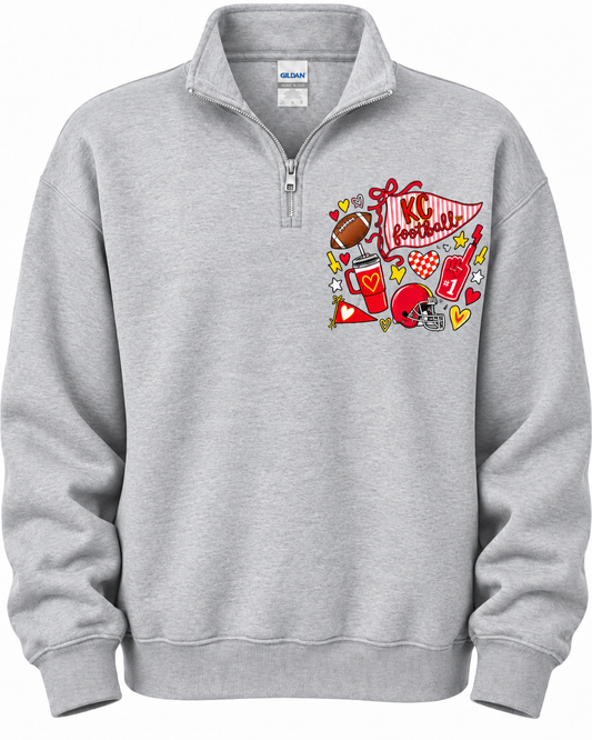 KC Football Quarter Zip Sweatshirt | Game Day Doodle | Ash, Black or Red