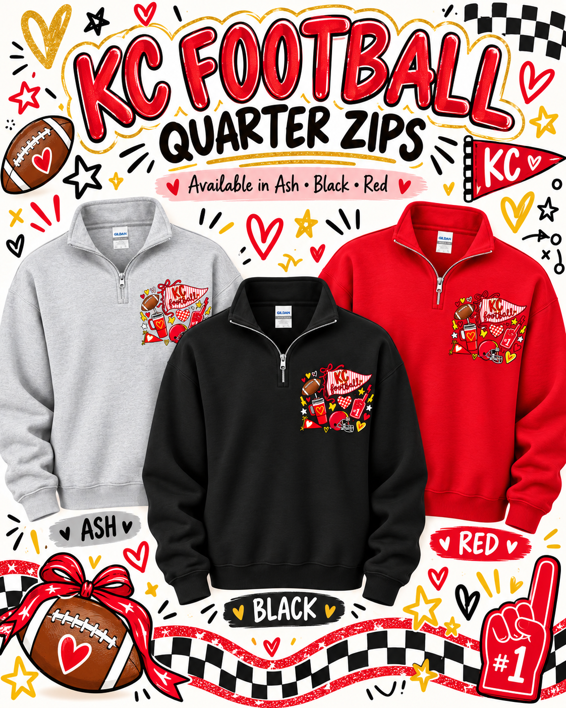 KC Football Quarter Zip Sweatshirt | Game Day Doodle | Ash, Black or Red