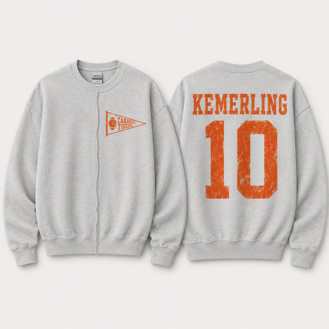 Grey crewneck sweatshirt with small pennant on the left chest and large custom name and number on the back