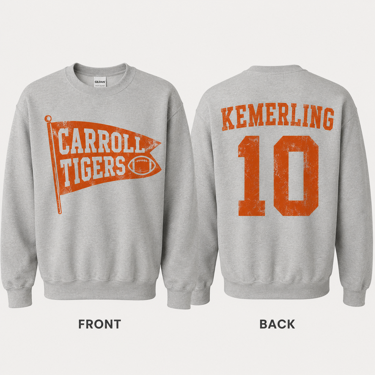 Grey crewneck sweatshirt with vintage football pennant on the front and custom name and number on the back