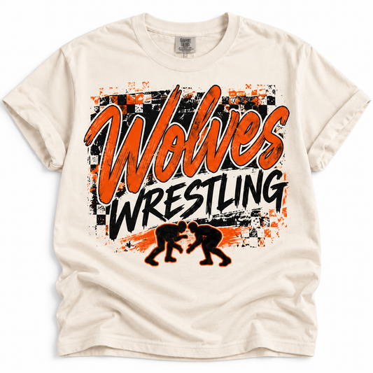 East Atchison Wolves Wrestling Checkered Script Tee
