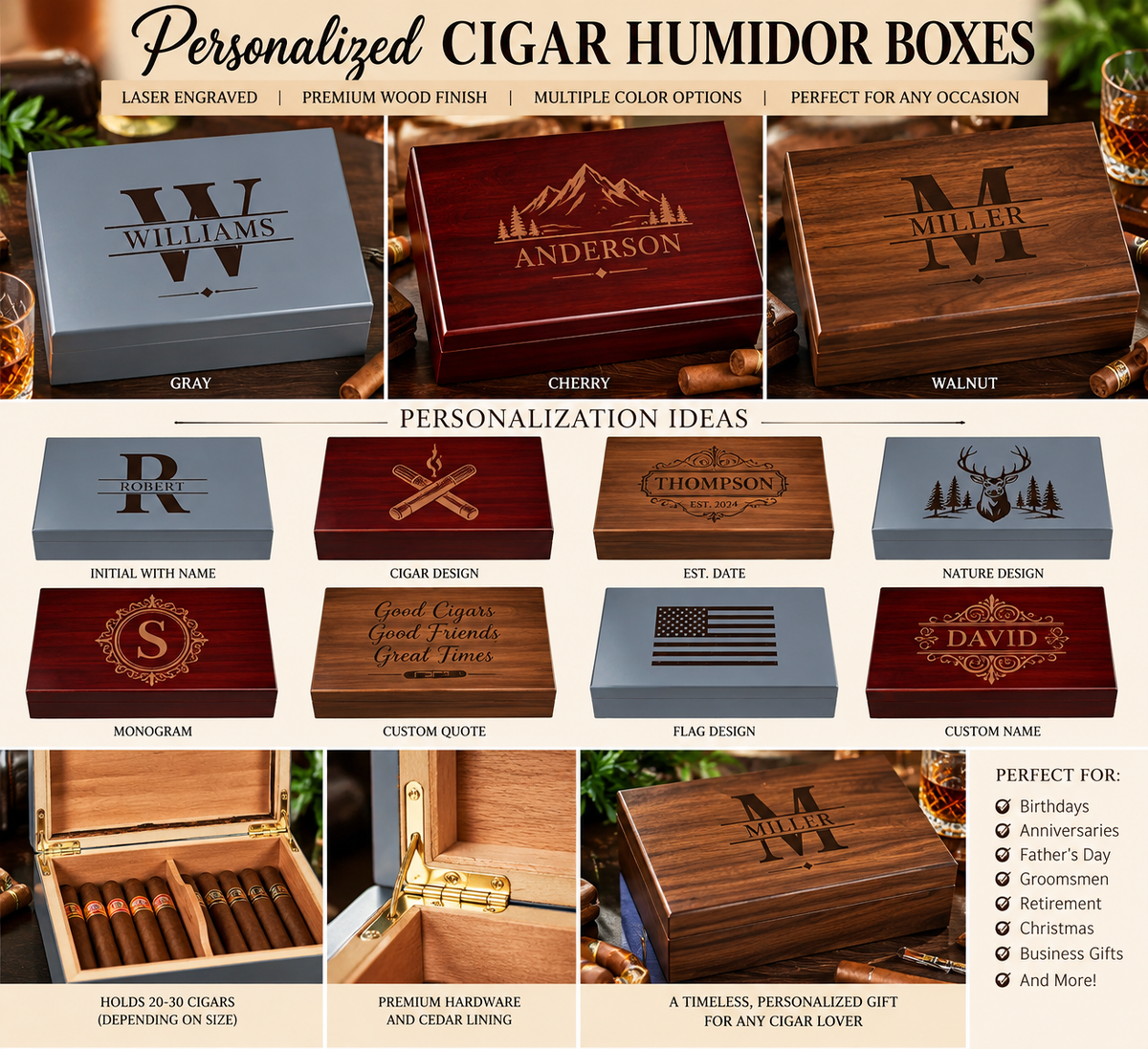 Personalized Cigar Humidor Box — Laser Engraved