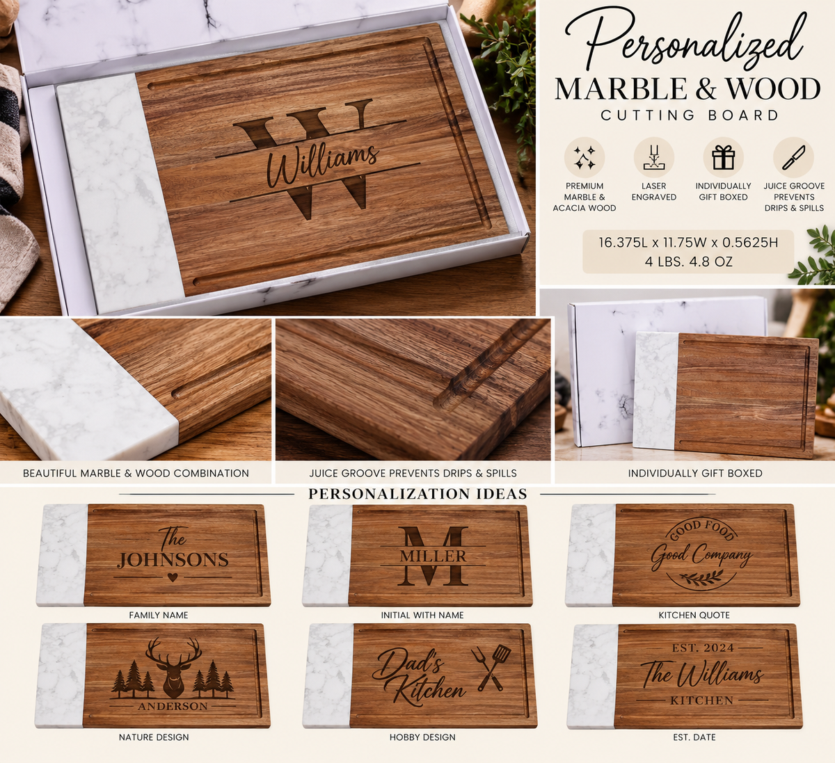 Personalized Marble & Wood Cutting Board with Juice Groove