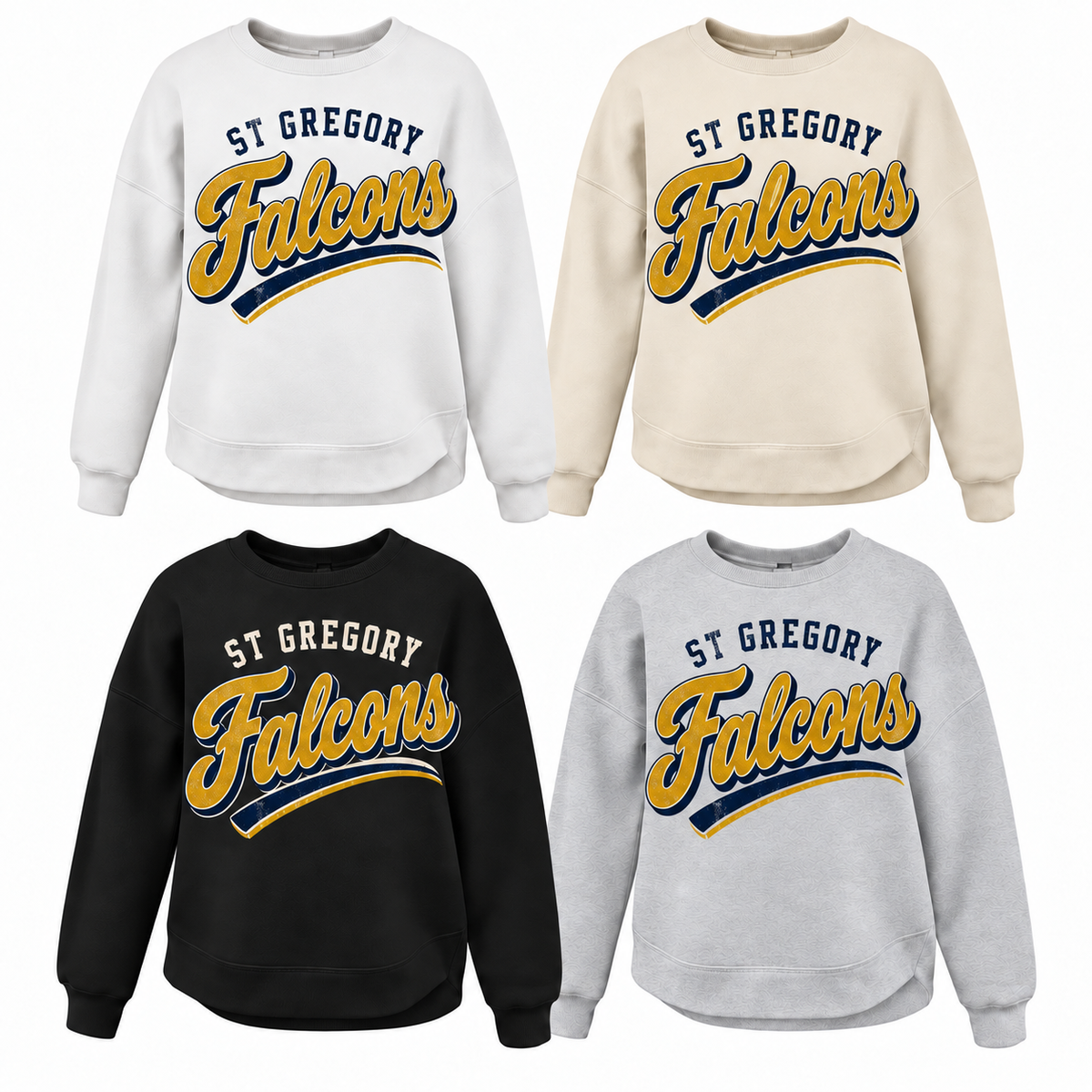 St. Gregory's Falcons Arched Varsity Tee, Crew, Hoodie & Curve Bottom Crew