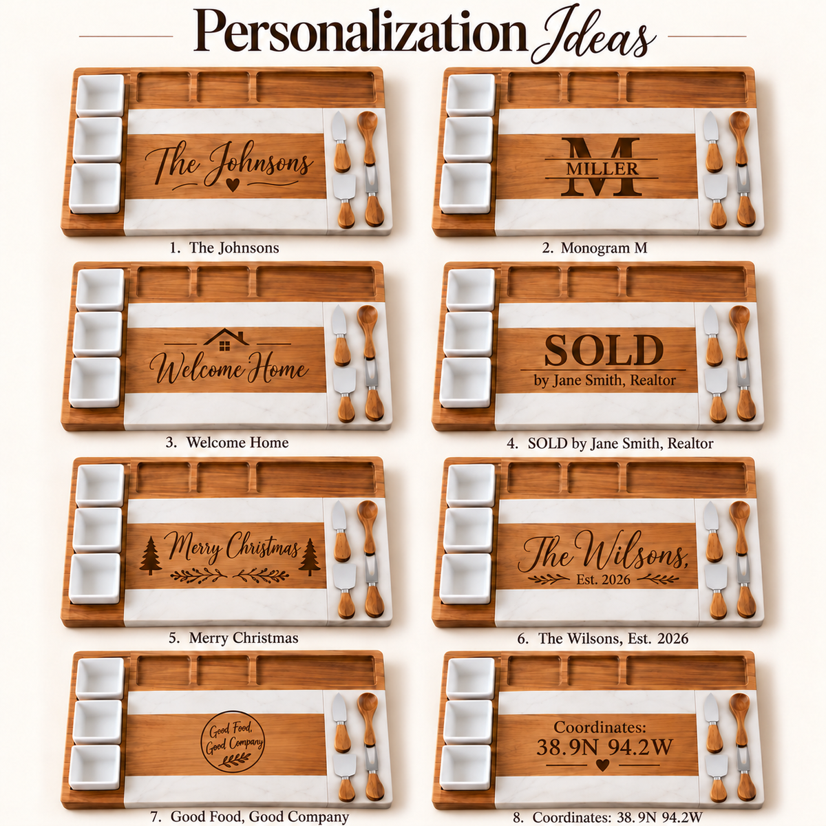 Personalized Charcuterie Board Gift Set — Wood & Marble with Ceramic Bowls & Cheese Tools