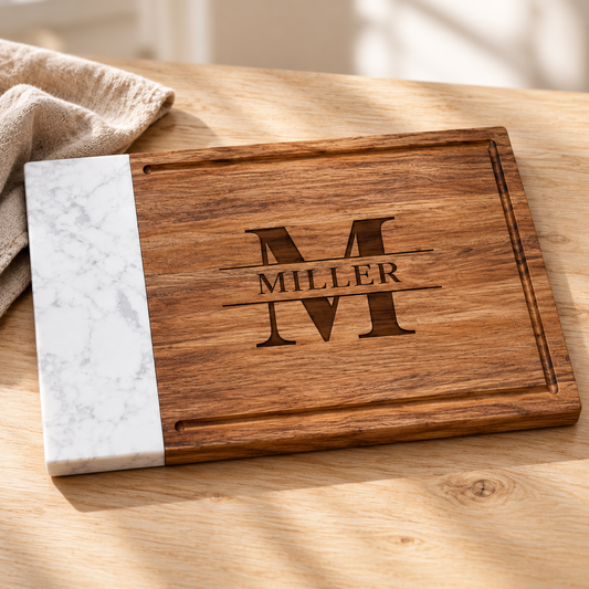 Personalized Marble & Wood Cutting Board with Juice Groove