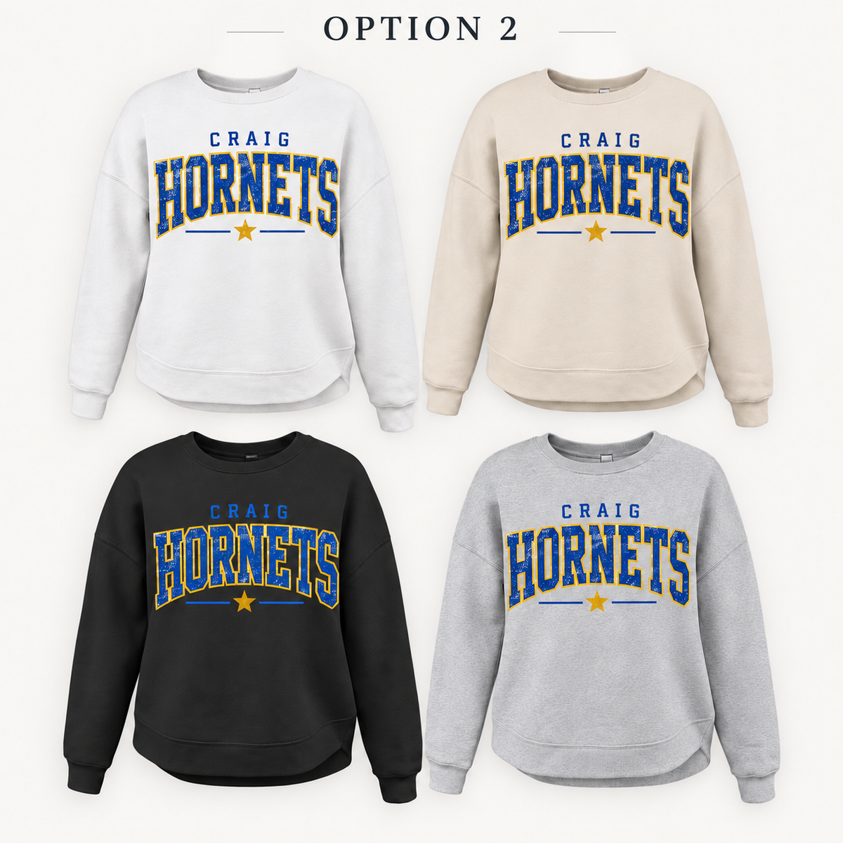 Craig Hornets Varsity Star Tee, Crew, Hoodie & Curve Bottom Crew
