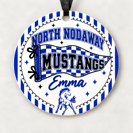 North Nodaway Mustangs Personalized Christmas Ornament, 4" Ceramic