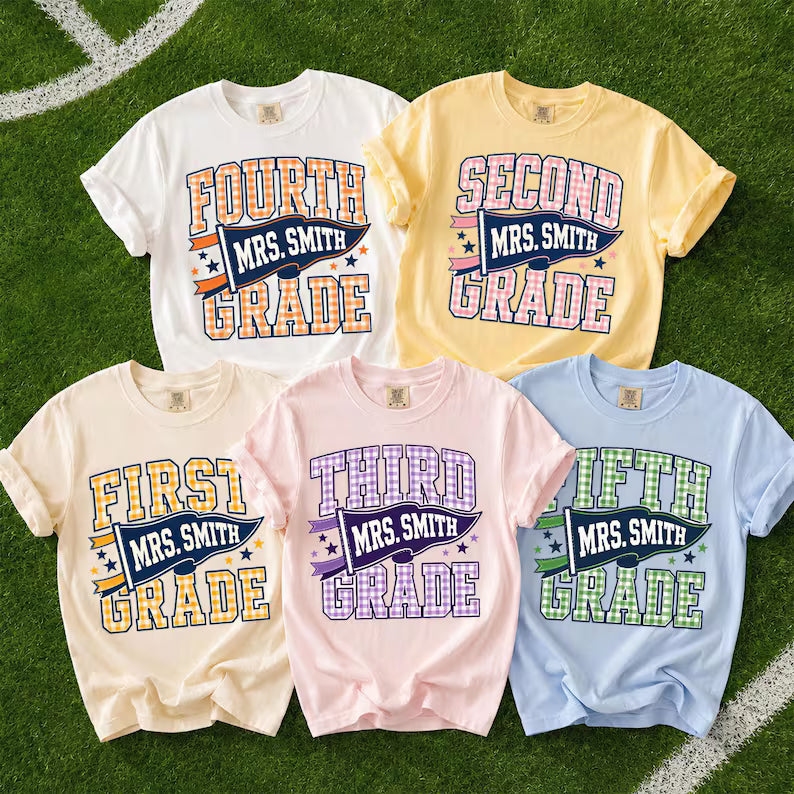 Custom Grade Pennant Tee — Your Grade & Teacher Name